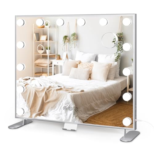 Dripex Hollywood Vanity Mirror with Lights, 60 x 52 cm Large Lighted LED Makeup Mirror with 14 Dimmable Bulbs, 3 Color Modes, Adapter Plug, Tabletop or Wall Mounted Mirror For Bedroom Dressing Room