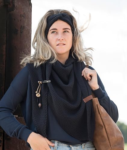 KNIT FACTORY - Dreiecksschal Coco - Damen Strickschal mit Wolle - Umschlagtuch für den Herbst und Winter - Winterschal - Dreieckstuch - Hochwertige Qualität - XXL Schal - 190 x 85 cm - Navy