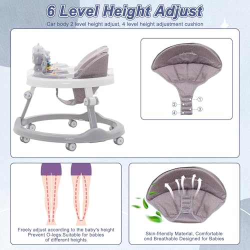 Baby Walker Foldable 3-in-1 Walker with Seat and Foot Pads Push Along Walkers with Light Song and Sound Anti-Rollover Baby Seat with Adjustable Height Compact Walker for Girls Boys - Image 6