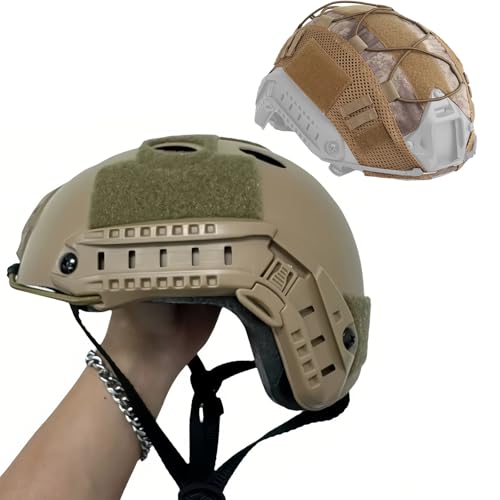 Ultra Thick Tactical Helmet for Airsoft/Paintball Set - 650g ABS High-Cut Helmet + 500D Helmet Waterproof Cover(Brown,M)