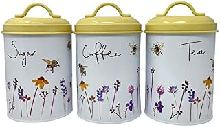 HTUK Tea Coffee Sugar Canister Set Bee Caddy Canister With Lids Metal Canister Set 3Pcs Bees Jar Set