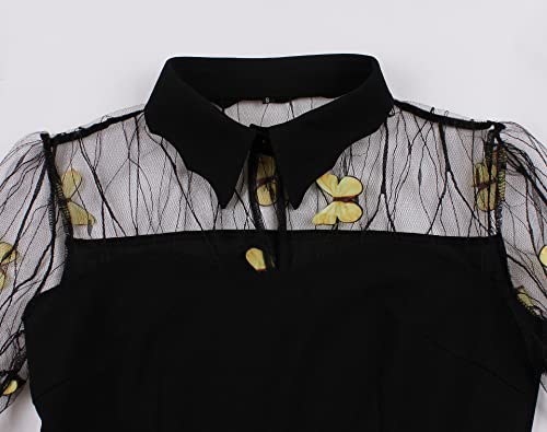 Nihsatin Women's Gothic Black Dresses Mesh Bell Long Sleeve 3D Butterfly Embroidery Cocktail Vintage Dress #TOP3