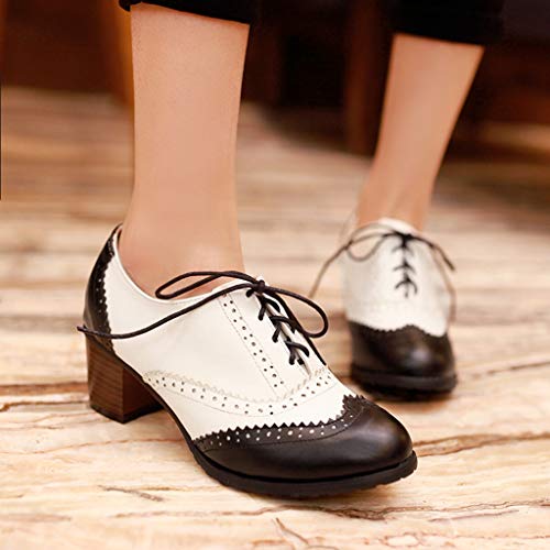 Mioke Women's Block Mid Heel Wingtip Oxfords Pumps Two Tone Perforated Lace Up Vintage Brogues Dress Shoes Black #TOP5