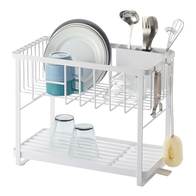 Yamazaki Home Two-Tier Adjustable Dish Drainer Rack, Compact Drying Rack with Hooks, Utensils Holder, Steel, Draining Spout, Water Resistant, No Assembly Req., White