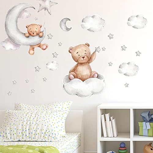 2 PCS Decorative Wall Stickers, Bears Clouds Moon and Stars Wall Stickers, Cartoon Cute Bears Wall Decals Window Stickers for Kids Baby Room Bedroom Nursery Playroom Home Decor ((45x30cm/ 17.7x11.8inch, Bear) 2 41nRhtpbgcL. AC