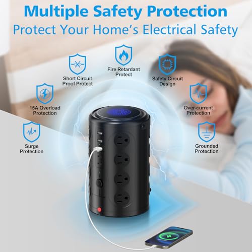 Image of Tower Surge Protector Power Strip (16 AC Outlets + 5 USB Ports Including 2 Type-C), 5FT Extension Cord, 1800J Protector Charging Tower, Essential for Home /Office /Dorm