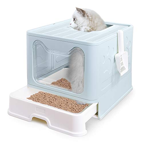 Petphabet Cat Litter Box, Square Foldable Jumbo Hooded Cat Litter Box with Plastic Scoop (Blue)