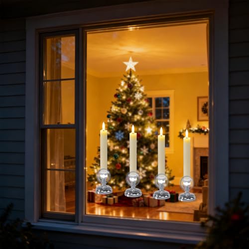 Image of Wondise Flameless Window Candles with Remote Timer, 7 inch Battery Operated 3D Wick Real Wax LED Flickering Taper Candles for Christmas Decoration, Removable Silver Holder and Suction Cups Included 4Pack