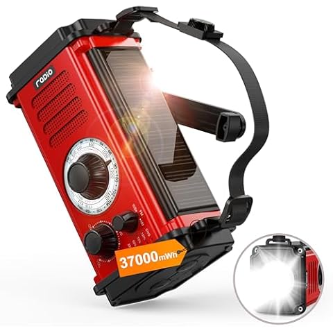 Hand Crank Emergency Radio for Winter Storm, 37000mWh Emergency Crank Radio, Solar Radio,AM/FM/NOAA Weather Radio with USB Charger, SOS Alarm, Headphone Jack, Flashlight/Reading Light for Survival-Red Cover