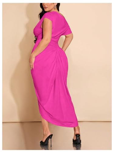Image of Floerns Women's Plus Size Asymmetrical Neck Long Dress Ruched Slit Hem Cocktail Dress