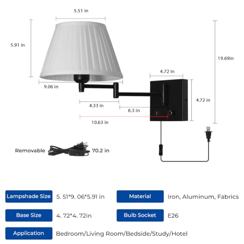 Image of Wall Lamps for Living Room Bedroom Reading Light, Bulb Included | Wall Sconce with USB C+A Charging Ports, Adjustable Swing Arm 270, Adjustable Color Temperature, White Fabric Cone lampshade