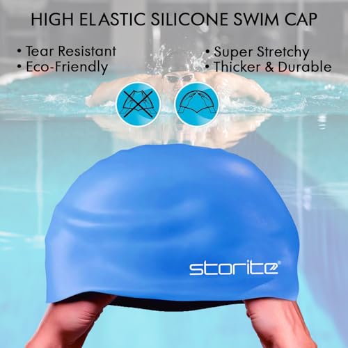 Image of Storite Swimming Cap for Men & Women (Blue) | Waterproof, Stretchable Silicon, For Long Hair, Professional Lightweight