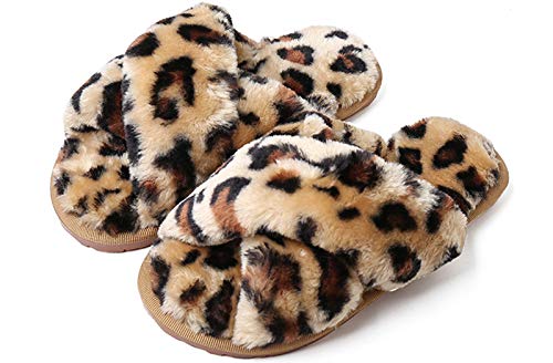 Cross Band Slippers, Women Soft Plush Furry Cozy Open Toe House Shoes Indoor Outdoor Non Slip Bedroom Slippers Leopard Brown 9-10