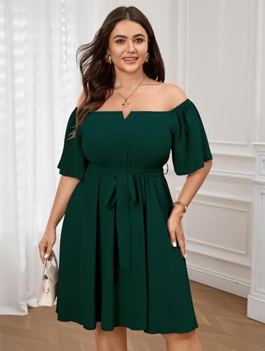 Image of SCOMCHIC Womens Plus Size Cocktail Dress Summer Off Shoulder Short Sleeve Flowy Ruffle A-Line Cute Mini Dress with Belt