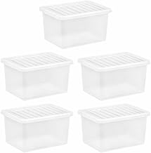 JMS we create smile [Pack of 5] Home Office Clear Plastic Stackable Storage Boxes & Lids (25 Litre)