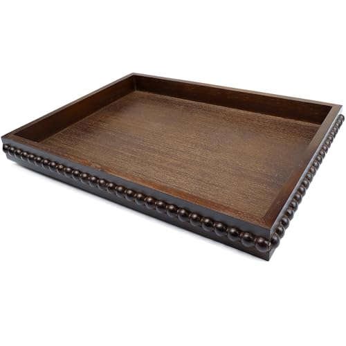 Hrastany Wood Decorative Tray, Distressed Outdoor Serving Tray with Wooden Bead for Ottoman, Coffee Table, Entertaining, Home Decor, Rectangular 15.7”*11.8”*1.57” (Dark Brown)