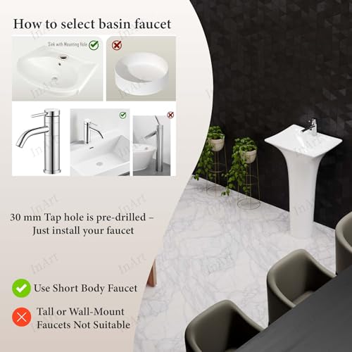 Image of InArt One Piece Ceramic Design Pedestal Free Standing Rectangular Wash Basin for Hall And Bathroom (18 x 15 x 32 Inch, White)