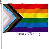 Progress Pride Rainbow Flag 3x5 Outdoor Double Sided 3 Ply-LGBTQ Gay Lesbian Bisexual Non Binary Transgender All Inlcusive Progressive Pride Rainbow Flag Vivid Color Heavy Duty Polyester Flags with 2