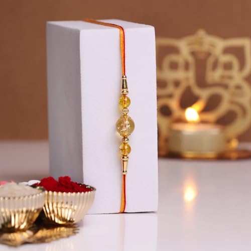 Image of Shubhanjali Crystal Beads Rakhi for Brother | Handmade Healing Crystal Stone Designer Rakhi for Bhaiya | Raksha Bandhan Gift Set with Roli Chawal, Kumkum, Greeting Card & Potli
