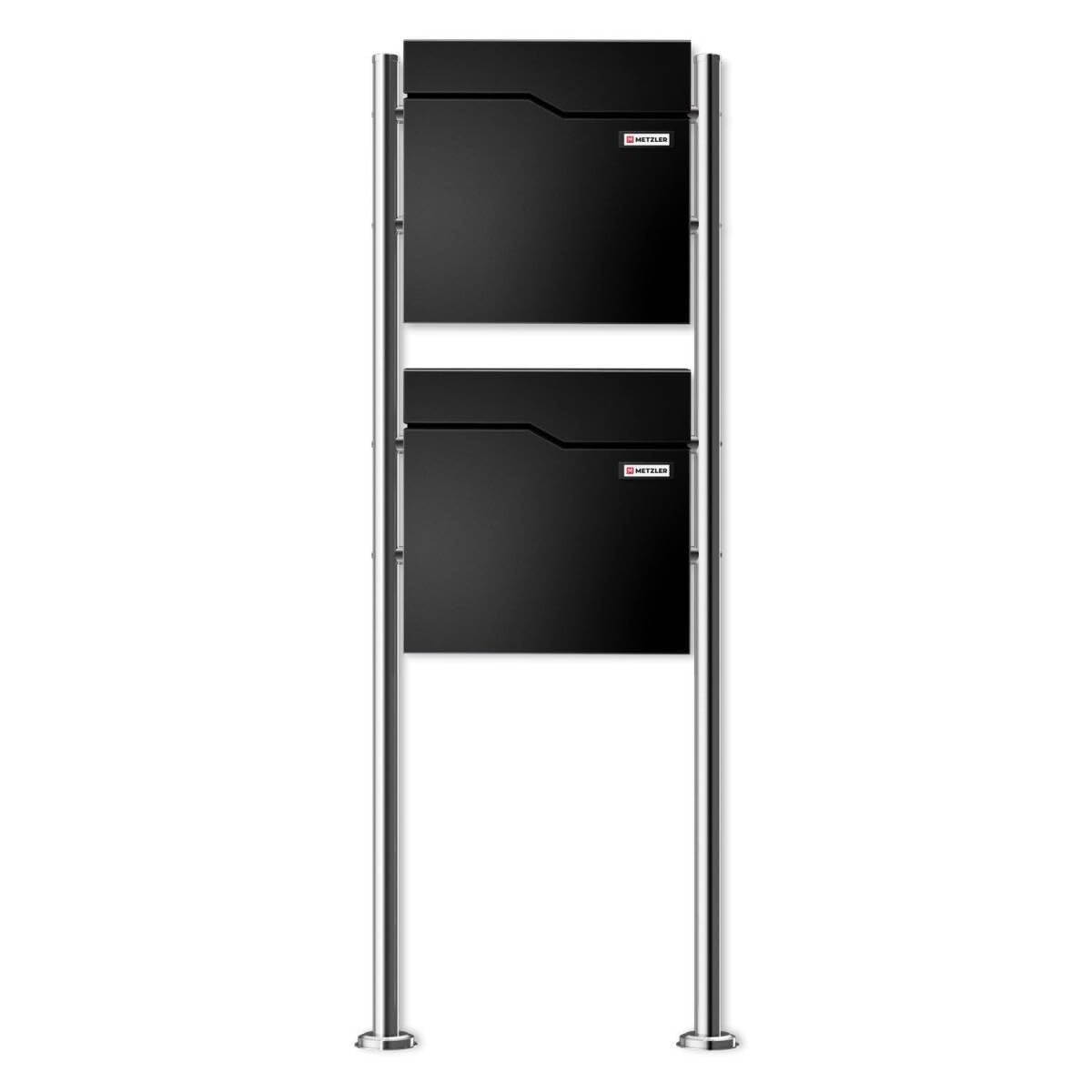 Metzler boîte aux Lettres sur Pied pour 2 foyers en RAL 9005 Noir Profond – Boîte Double autoportante avec Compartiment à journaux, Pieds en INOX et Plaque Nominative Interchangeable