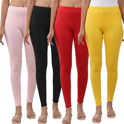 Image of Volex Women and Girls Full Length Leggings | Cotton Spandex /Elastane 4 Way Stretchable | Casual Slim fit Ultra Soft Leggings-Pack of 4