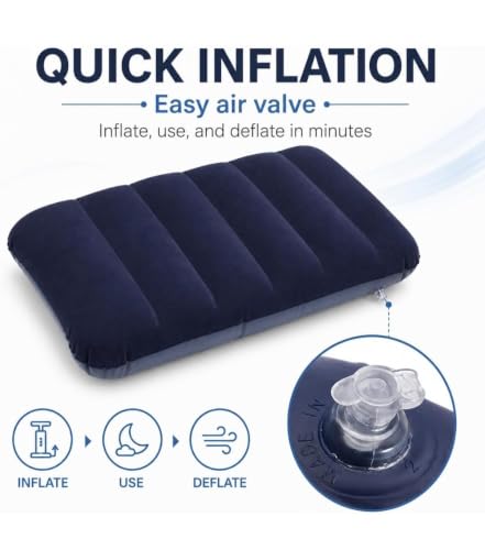 Image of Rubberized Cotton Small Squared Travel Flocked Fabric Air Pillow, Compact, Comfortable and Inflatable, Used for Neck & Lumbar Support, Camping and Hiking, Blue Color, (Pack of 1)