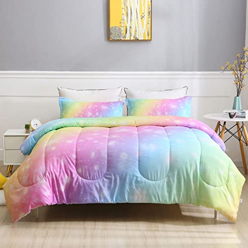 Sirdo Girls Unicorn Bedding Set 3 Piece Rainbow Comforter Set For Teen Girls Adults With Sparkle Stars Soft Bedding Sets Machine Washable, Multi, Queen #TOP1