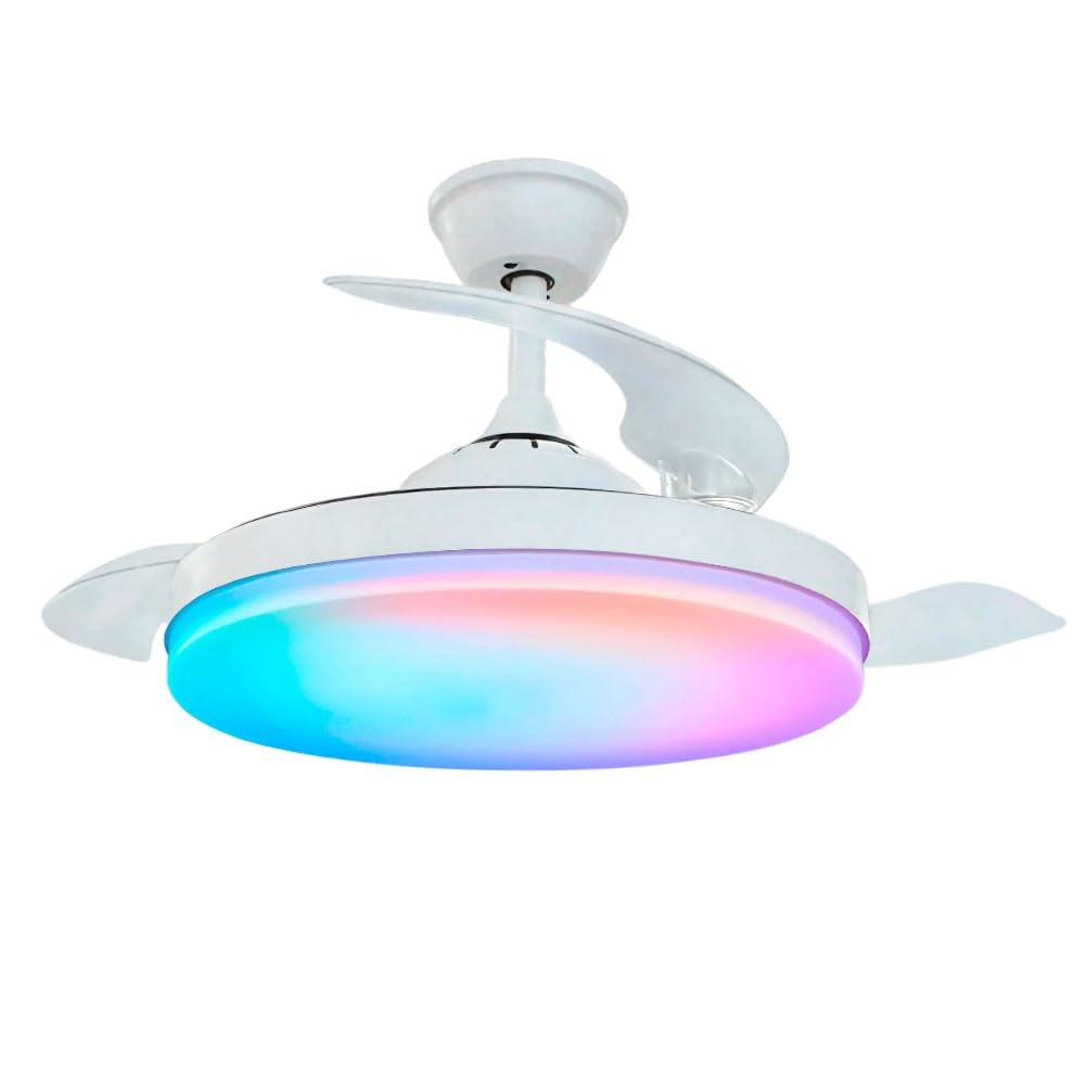 Bilake Ventilador de techo retráctil moderno Tahití blanco RGB | Lampara ventilador techo con mando, luz regulable RGB y Temporizador