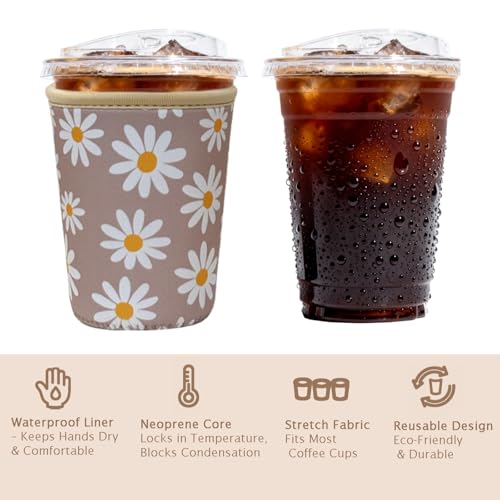 Image of Reusable Insulated Sleeve for Iced Coffee Cup, Coffee Neoprene Sleeve for Cold & Hot Drinks, Beverage Holder for Iced Coffee (Sunny Daisies, Medium: 22-24oz)