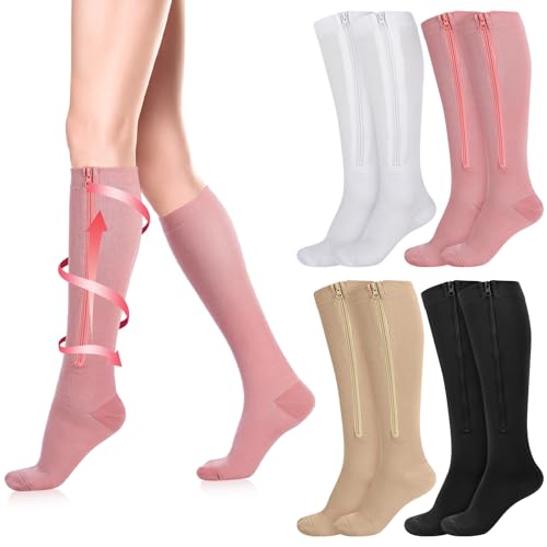 Tarpop 4 Pairs Women Zipper Compression Sock Colorful 20-30mmhg Compression Stockings with Zipper for Women Swelling Edema(S/m)
