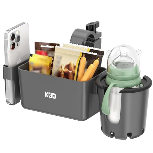 KDD Portavasos Carrito Bebe con Bandeja Snack Cochecito, 3 en 1 Bandeja Universal para Bebé con Soporte Móvil, Soporte para Bebidas Extraíble, 360º Sujeta Vasos Carro Bebe para Silla de Paseo, Gris