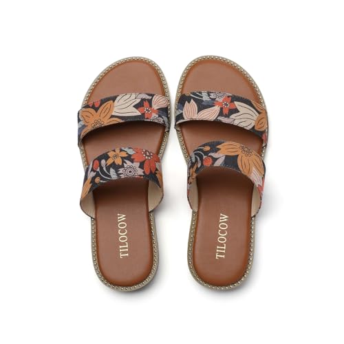 Image of Tilocow Women's Flat Sandals Two Strap Summer Dressy Studded Slide Sandals Open Toe Cute Casual Slip on Comfort Shoes for Beach Travel Daily Wear