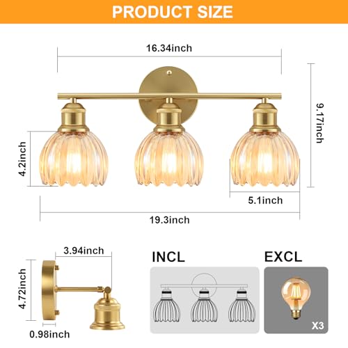 Image of Bathroom Light Fixtures, 3-Light Brushed Gold Vanity Lights for Bathroom with Amber Tulip Glass Shade, 20 inch Vintage Bathroom Vanity Lighting Fixtures Over Mirror for Bedroom Living Room Hallway