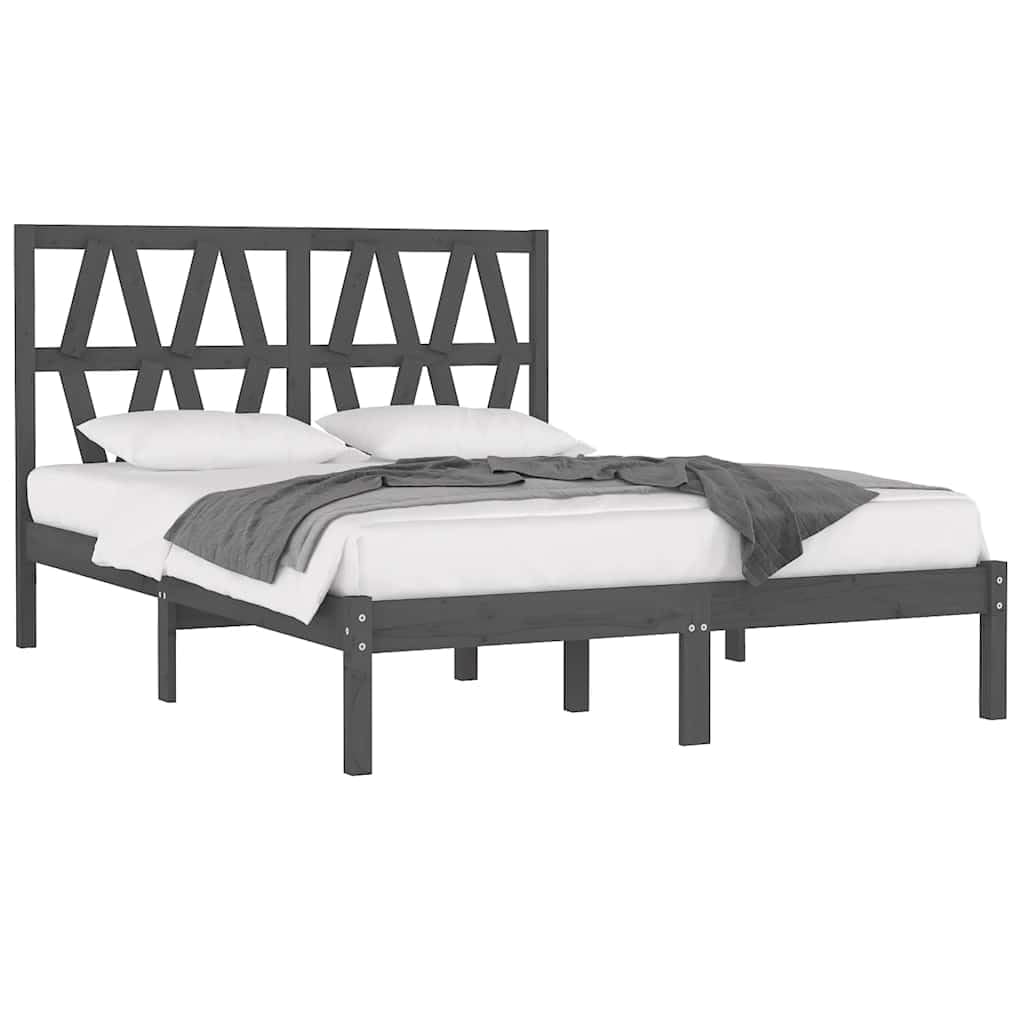 lite drewno sosnowe klasyczna rama lozka szary 200 x 200 cm | Rama łóżka 200x200 cm szara lite drewno sosnowe stabilna podstawa z zagłówkiem do sypialni