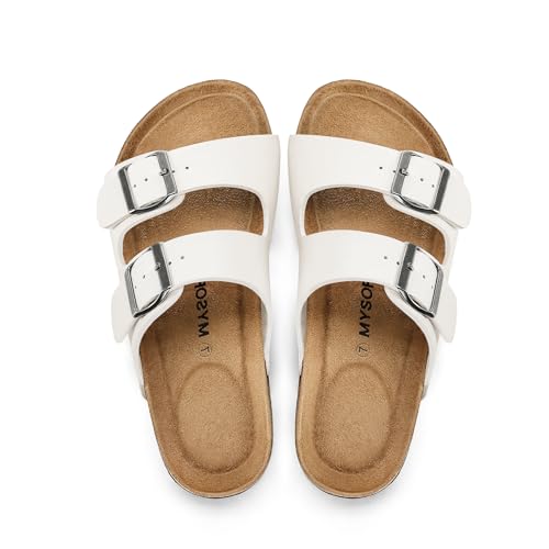 Image of mysoft Womens Flat Sandals Cork Footbed Slides with 2 Straps | Adjustable Buckle Slip On Comfortable Casual Light Weight Summer sandals