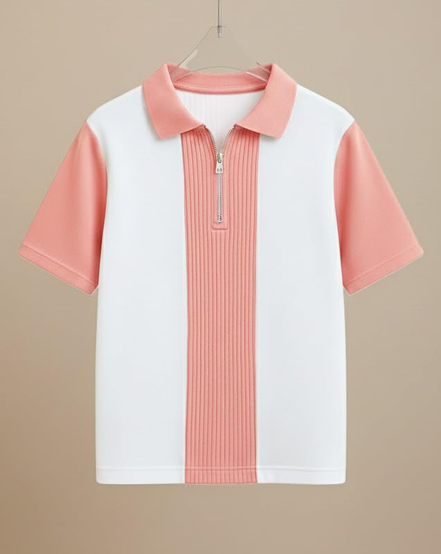 Image of AUSK Men's Textured Vertical Striped Knit Polo T-Shirt | Half Sleeve Zipper Neck Self-Design Casual Tee | Mens Tshirts