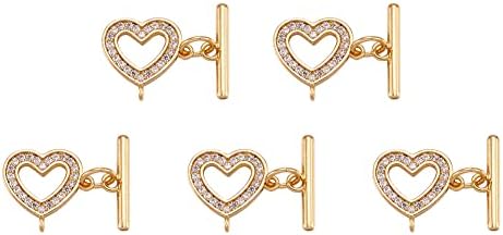 Craftdady 5 Sets Cubic Zirconia Heart Toggle Clasps 18K Gold Micro Pave CZ Crystal Rhinestone Buckle End Clasps with T Bar Closure for DIY Bracelet Necklace Jewelry Making, 11.5x12.5mm