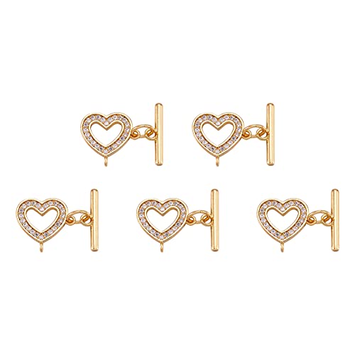 Craftdady 5 Sets Cubic Zirconia Heart Toggle Clasps 18K Gold Micro Pave Cz Crystal Rhinestone Buckle End Clasps With T Bar Closure For Diy Bracelet Necklace Jewelry Making, 11.5X12.5Mm #TOP25