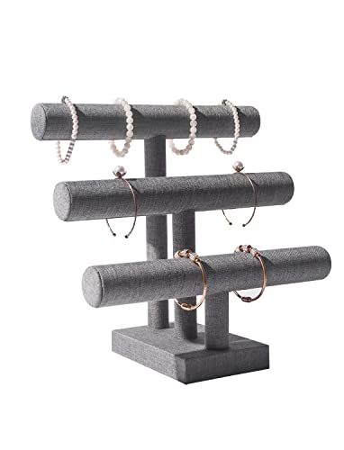 LongMen 3 Tier Bracelet Holder, Jewelry Organizer Stand, Bracelet Necklace Display,Bangle Watch Organizer Storage Jewelry Tower (Gray Linen)