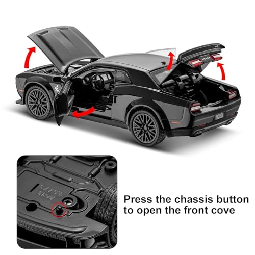 Image of 1 /24 Dodge Challenger Hellcat Model Car, Zinc Alloy Pull Back Toy car with Sound and Light for Kids Boy Girl Gift (Black)