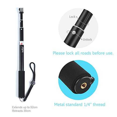 Hsu Extendable Selfie Stick For Action Camera，Waterproof Hand Grip For Gopro Hero 11/10/9/8/7, Handheld Monopod 6.5" To 26.4" Compatible With Cell Phones, Akaso Campark And Other Action Cameras #TOP2