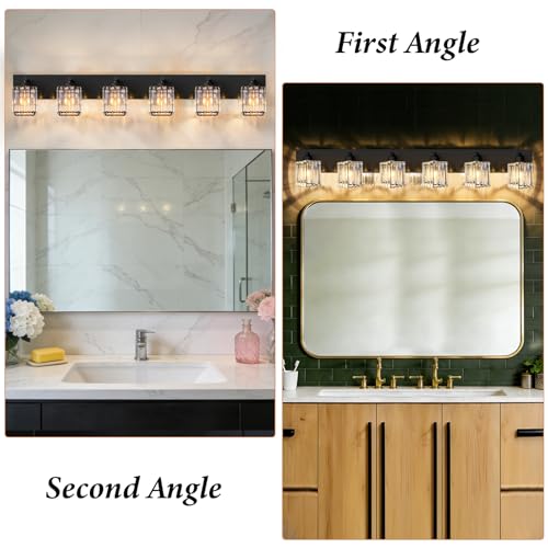 Image of Black Crystal Bathroom Vanity Light, 6-Light Modern Bathroom Lighting Fixtures Over Mirror, Matte Black Wall Sconce Light Fixtures with Square Shade