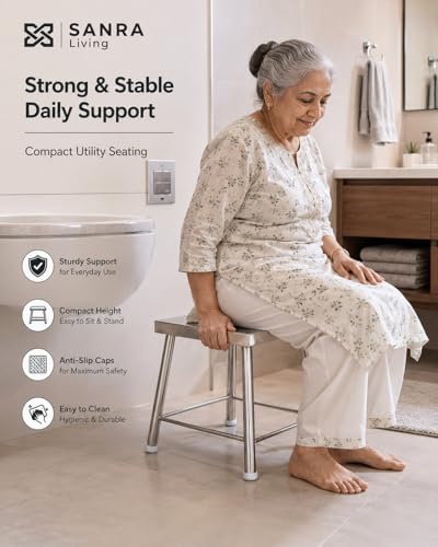 Image of Stainless Steel Waterproof Utility Stool 13x13 Inch | Heavy Duty Steel Bathroom Stool for Bathing Washing Kitchen Balcony Restroom Support | 12 Inch Height