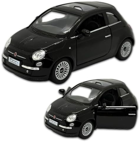 Carrinho de ferro Miniatura Fiat 500 2007, Em Metal, Com fricção, escala 1:28, 12 Cm de comprimento (Preto)