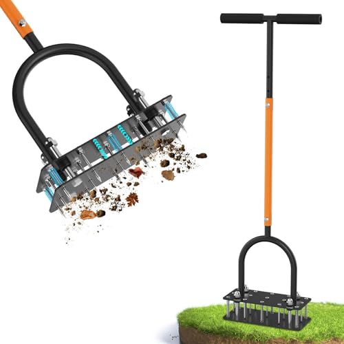 GAINO Manual Lawn Aerator Tool with 15 Spikes, 32'-35' Adjustable T-Handle Aerator for Lawn, Automatic Dirt Ejection Design, Heavy Duty Yard Grass Aerator for Soil Compaction, Black & Orange