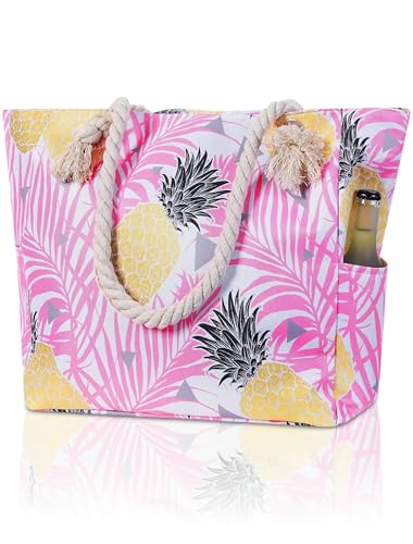 TESALATE Large Canvas Beach Tote Bag Waterproof Sand proof for Women Her Swim,Travel,Shopping,Gym,Cruise Essentials Gear