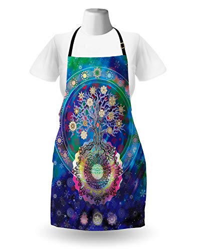 Lunarable Mandala Apron, Tree Of Life Image Floral Style Patterns And Mandala Design, Unisex Kitchen Bib With Adjustable Neck For Cooking Gardening, Adult Size, Blue Purple #TOP22