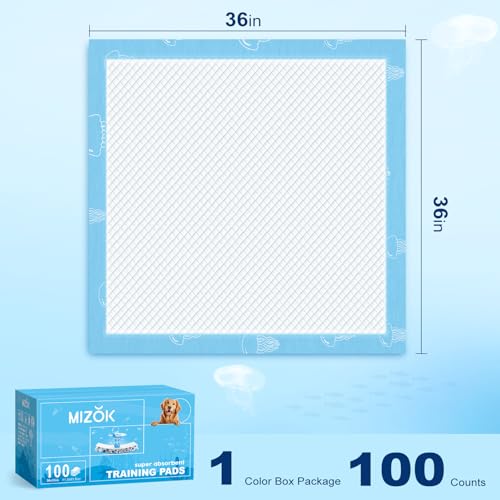 Image of MIZOK Dog Pee Pads 36x36in Jumbo Dog Pads Super Absorbent Up to 11 Cups Marine Scented Odor-Control Pee Pads with Jellyfish Pattern, Quick Dry & Leak-Proof (100 Counts)