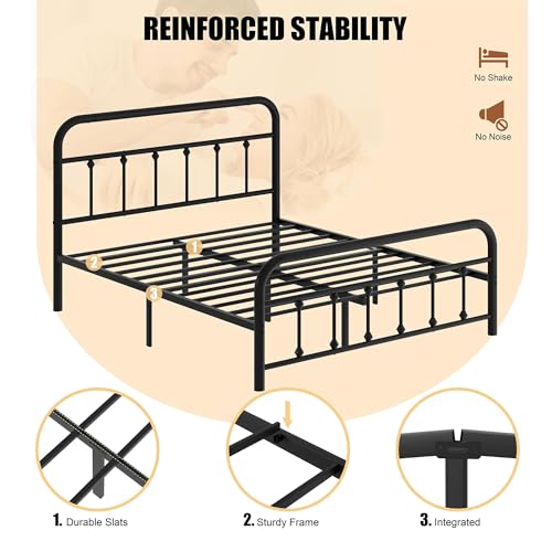 Image of Shintenchi King Size Metal Platform Bed Frame with Headboard & Footboard, Steel Slat Mattress Foundation, Under Bed Storage, Noise-Free, No Box Spring Needed, Black Round