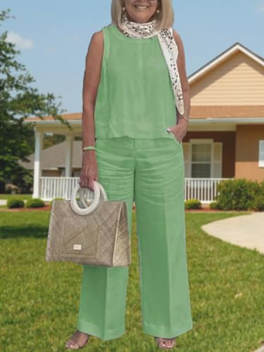 2 Piece Linen Set for Women Casual Sleeveless Tank Top and Wide Leg Pants Sets Linen Pant Suits with Pockets2